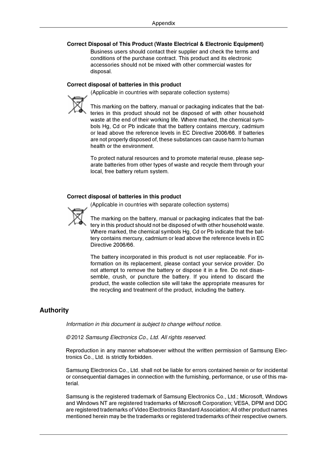 Samsung LH70CSBPLBC/EN, LH82CSBPLBC/EN manual Authority, Correct disposal of batteries in this product 