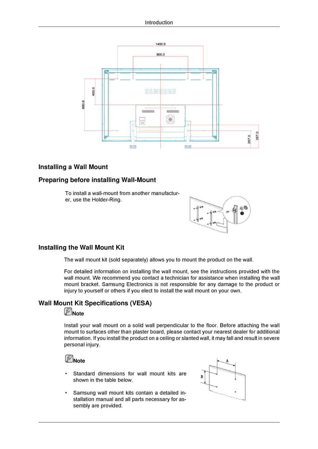 Samsung LH82CSBPLBC/EN, LH70CSBPLBC/EN manual Installing the Wall Mount Kit, Wall Mount Kit Specifications Vesa 