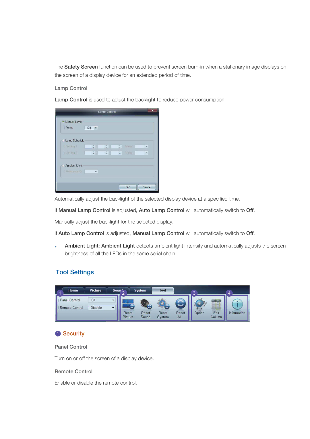 Samsung LH70CSBPLBC/EN, LH82CSBPLBC/EN manual Tool Settings, Lamp Control, Panel Control, Remote Control 