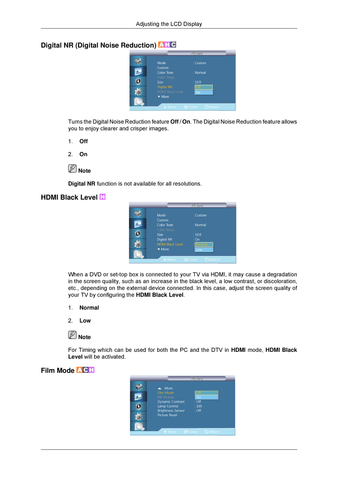 Samsung LH70CSBPLBC/EN, LH82CSBPLBC/EN manual Digital NR Digital Noise Reduction, Hdmi Black Level, Film Mode, Normal Low 