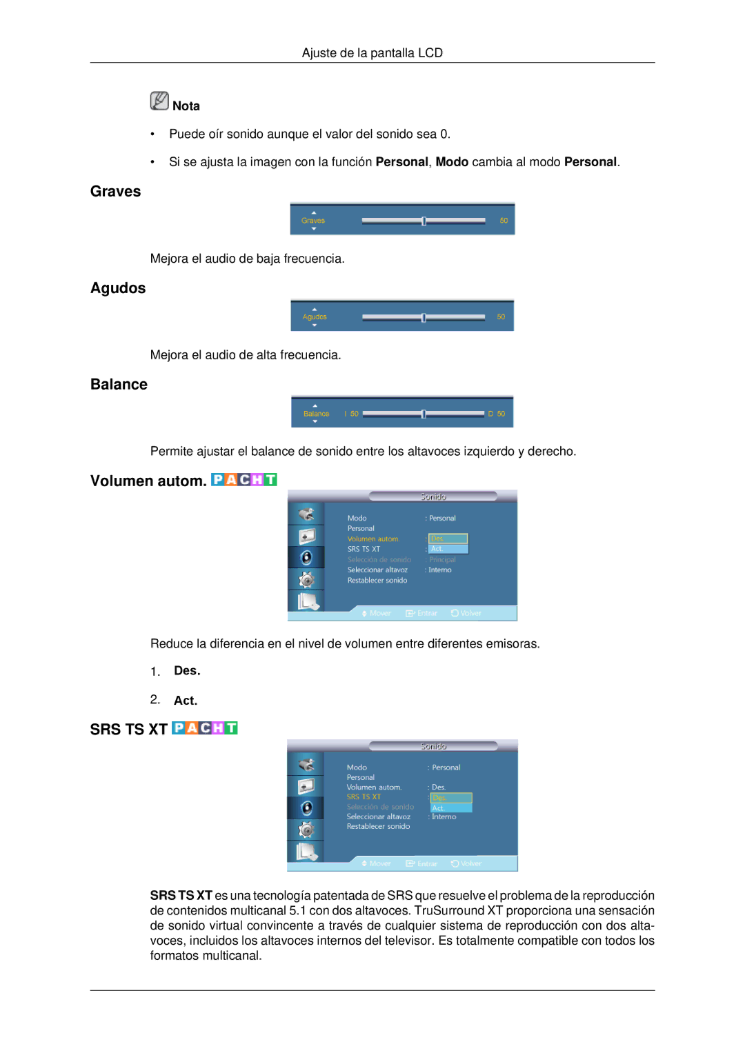 Samsung LH70CSBPLBC/EN, LH82CSBPLBC/EN manual Graves, Agudos, Balance, Volumen autom 