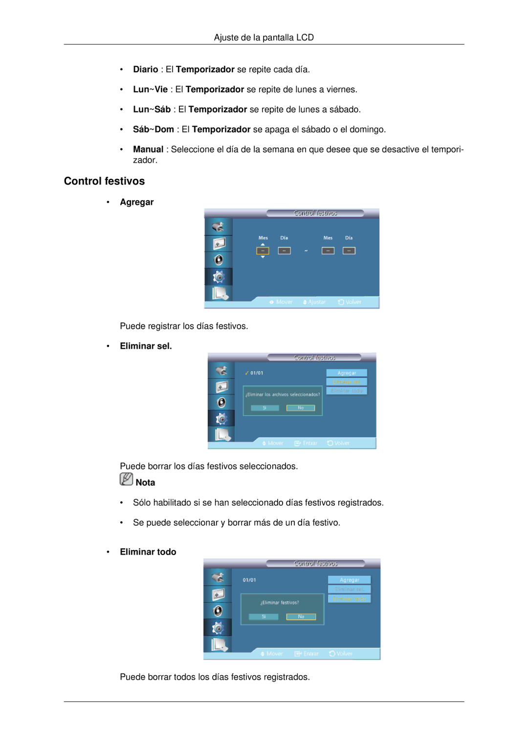 Samsung LH70CSBPLBC/EN, LH82CSBPLBC/EN manual Control festivos, Agregar, Eliminar sel, Eliminar todo 