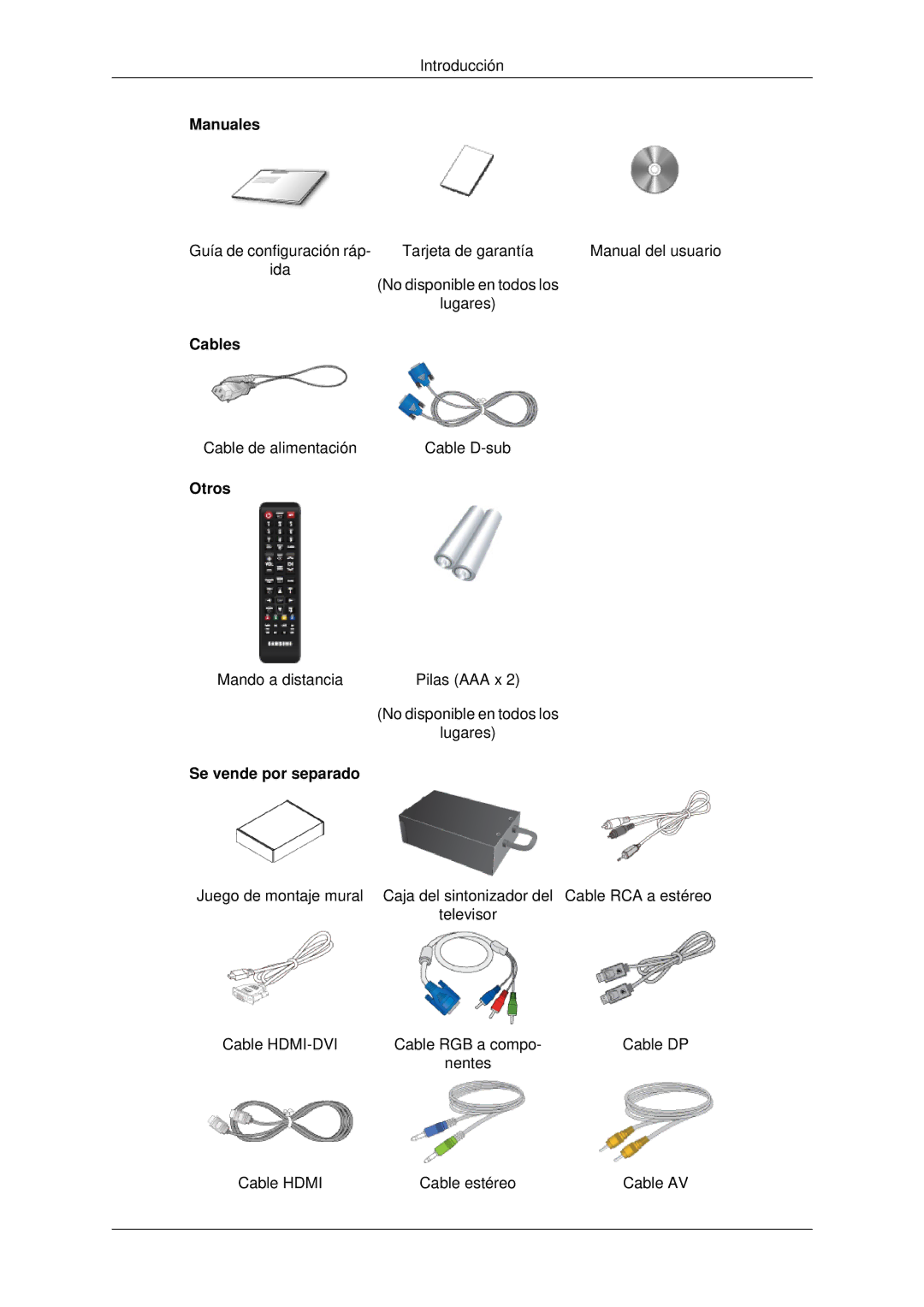 Samsung LH70CSBPLBC/EN, LH82CSBPLBC/EN manual Manuales, Cables, Otros, Se vende por separado 