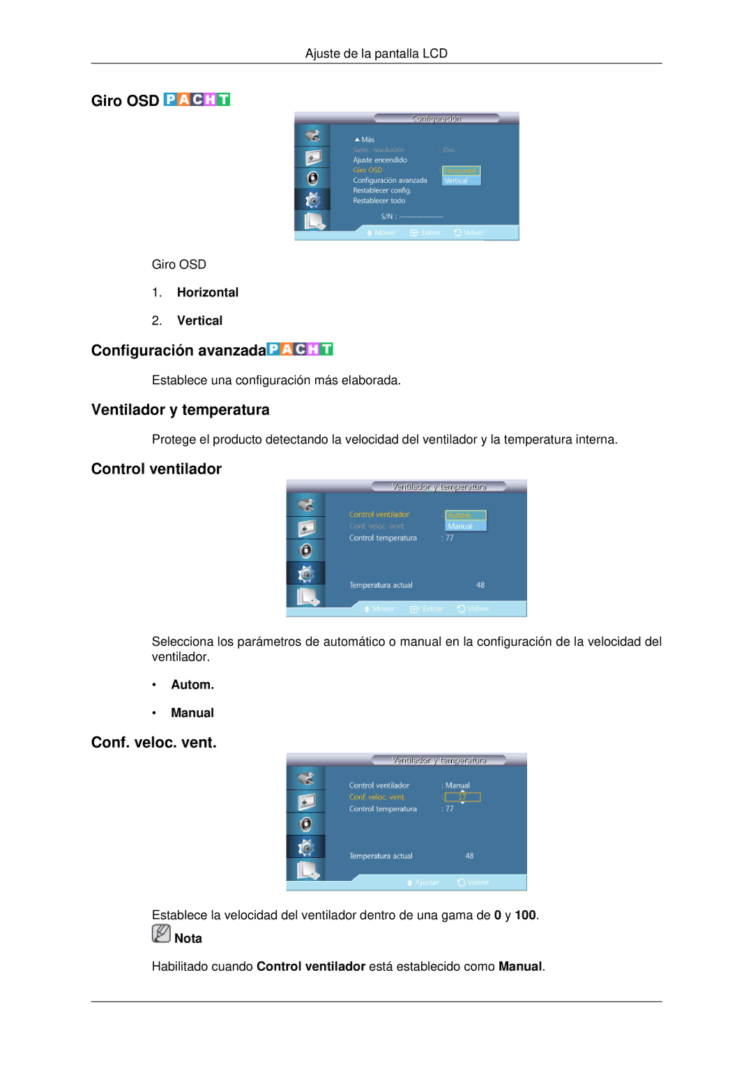 Samsung LH82CSBPLBC/EN Giro OSD, Configuración avanzada, Ventilador y temperatura, Control ventilador, Conf. veloc. vent 