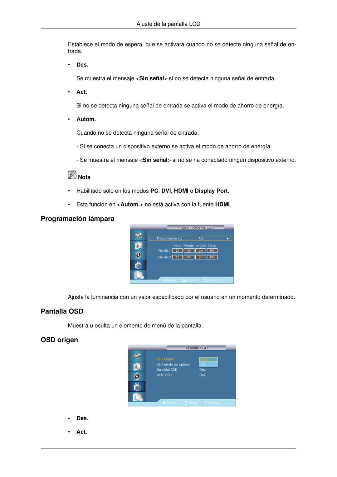 Samsung LH70CSBPLBC/EN, LH82CSBPLBC/EN manual Programación lámpara, Pantalla OSD, OSD origen, Autom 