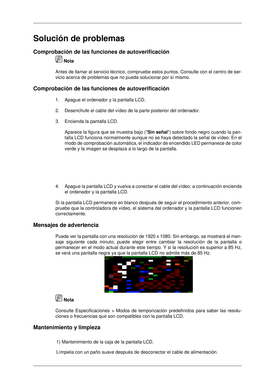 Samsung LH70CSBPLBC/EN, LH82CSBPLBC/EN manual Comprobación de las funciones de autoverificación, Mensajes de advertencia 