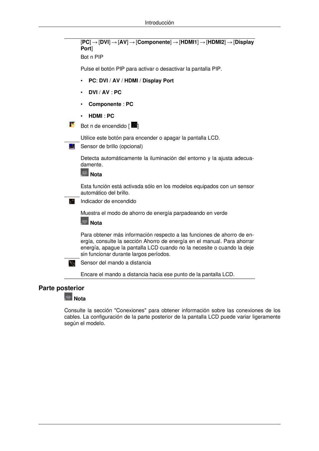 Samsung LH70CSBPLBC/EN, LH82CSBPLBC/EN manual Parte posterior, PC DVI / AV / Hdmi / Display Port DVI / AV PC Componente PC 