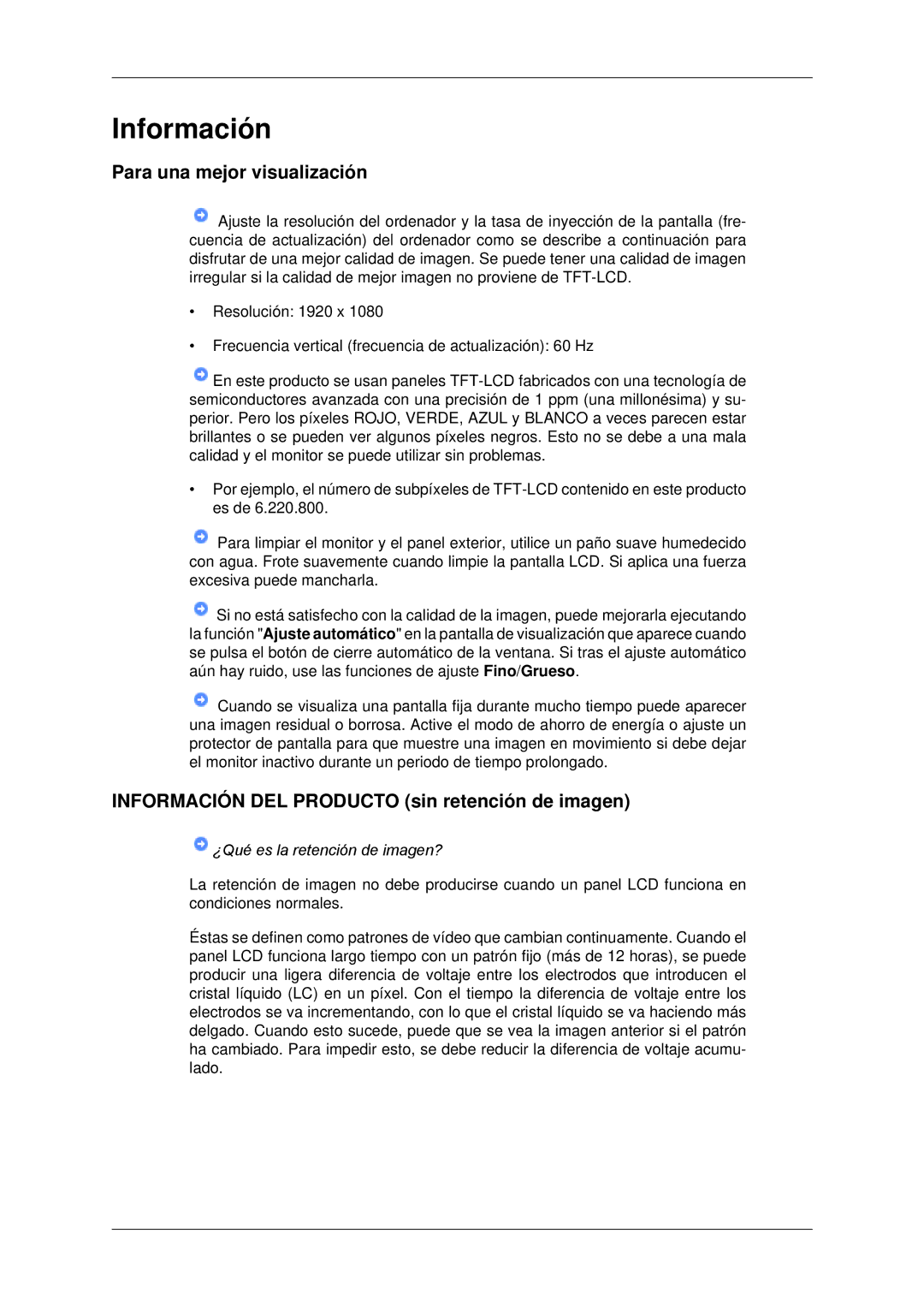 Samsung LH70CSBPLBC/EN, LH82CSBPLBC/EN manual Para una mejor visualización, Información DEL Producto sin retención de imagen 