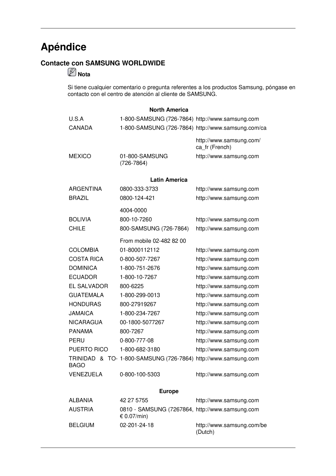 Samsung LH70CSBPLBC/EN, LH82CSBPLBC/EN manual Contacte con Samsung Worldwide, North America, Latin America, Europe 