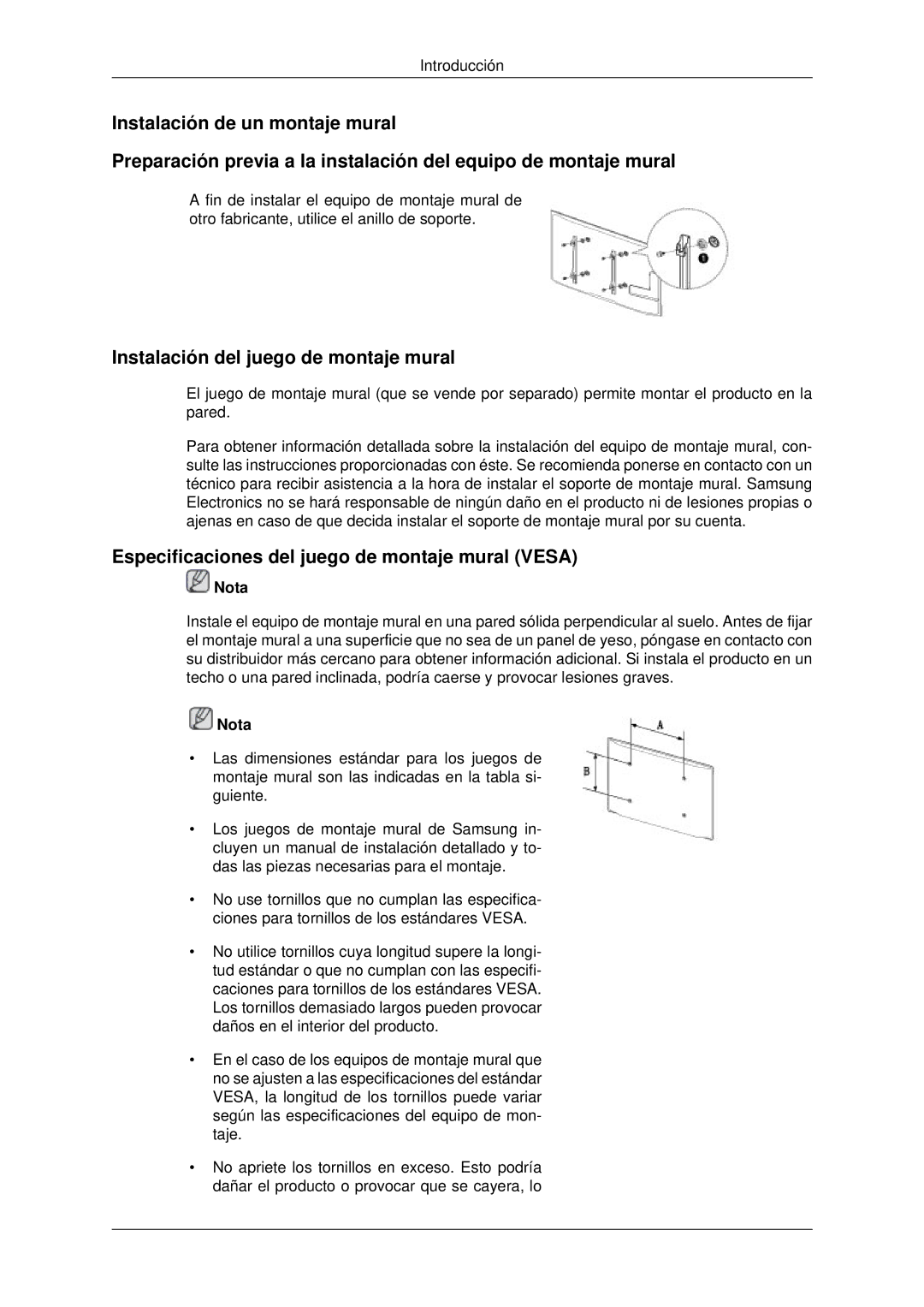 Samsung LH82CSBPLBC/EN manual Instalación del juego de montaje mural, Especificaciones del juego de montaje mural Vesa 