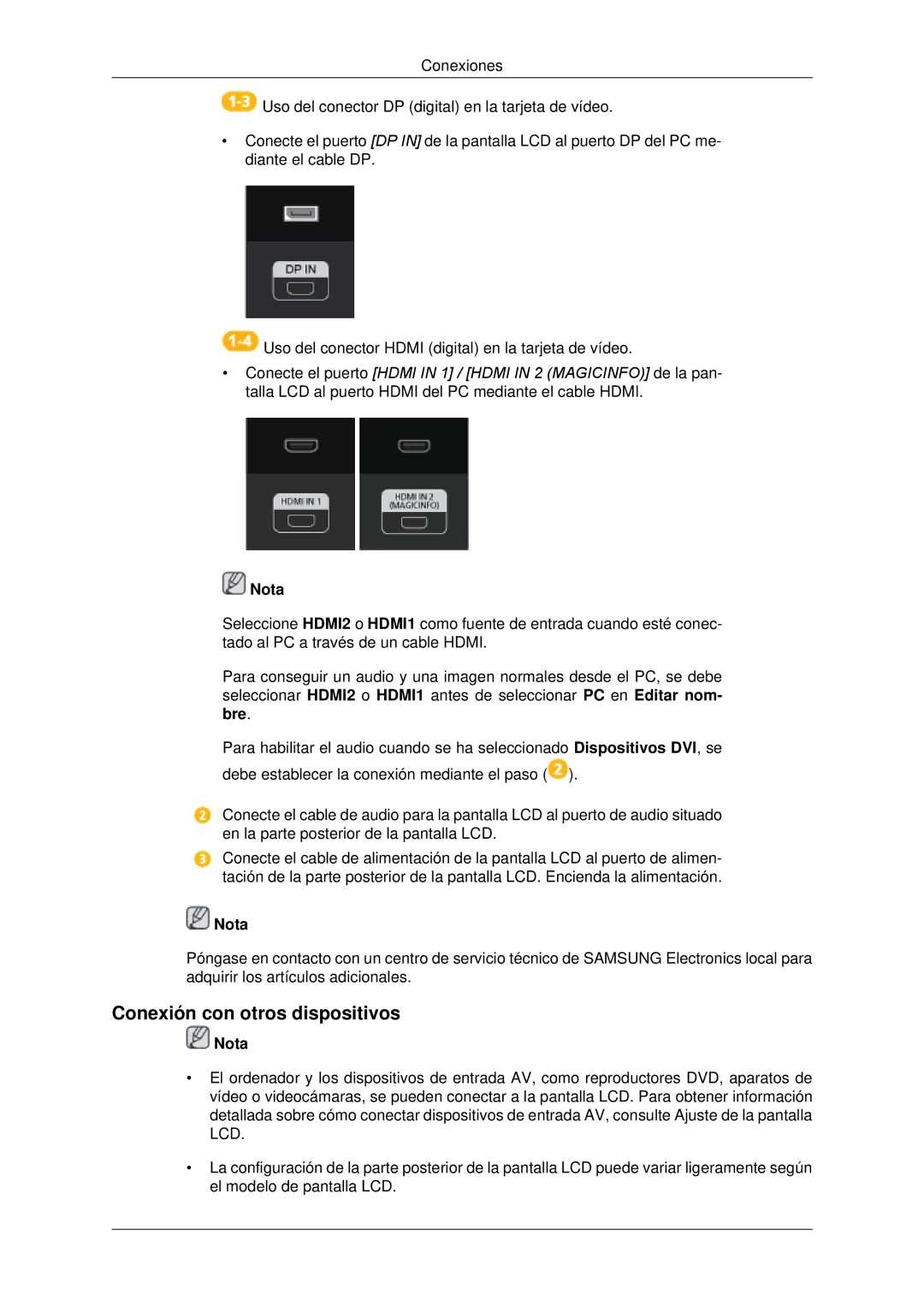 Samsung LH70CSBPLBC/EN, LH82CSBPLBC/EN manual Conexión con otros dispositivos, Nota 