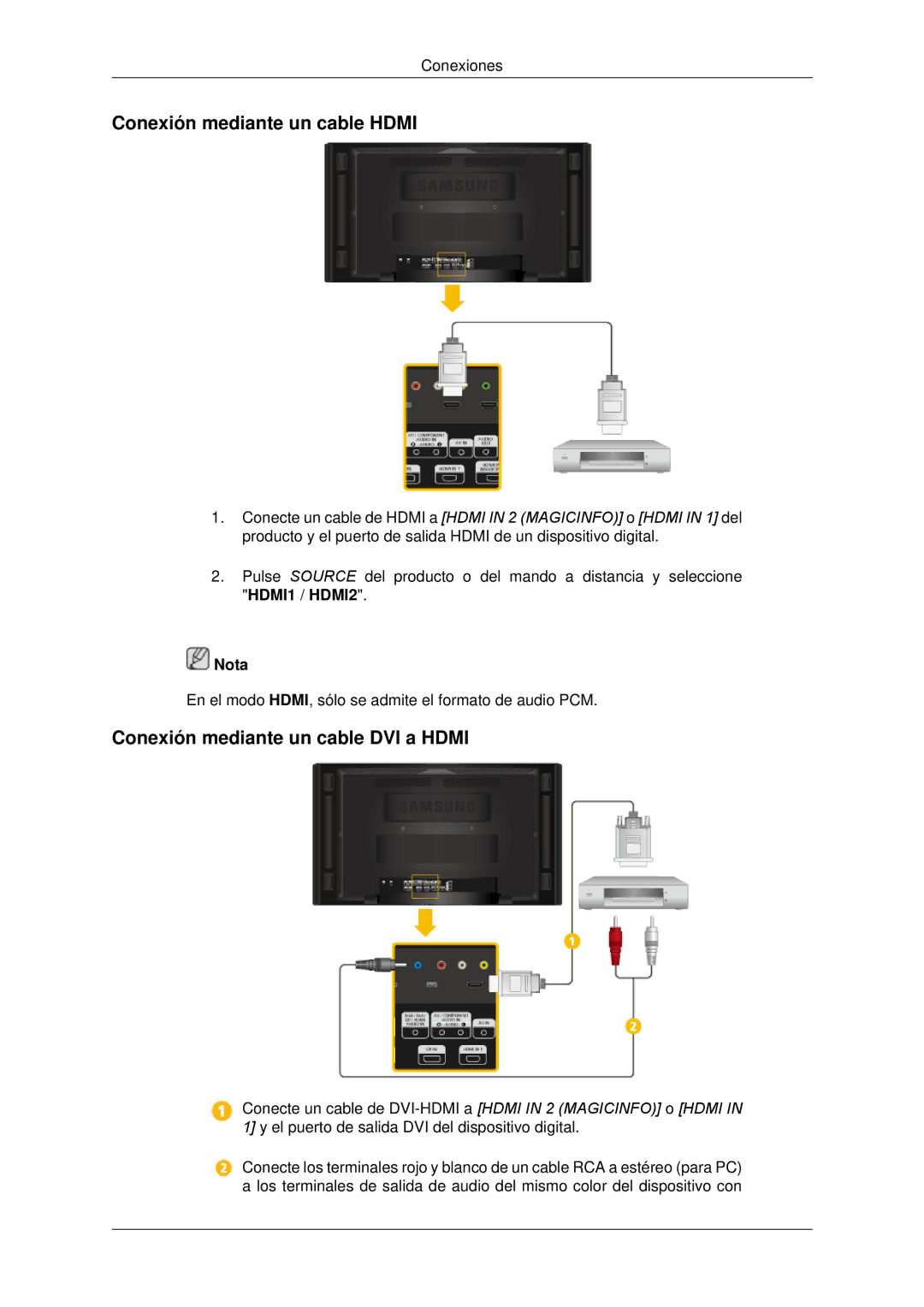 Samsung LH82CSBPLBC/EN, LH70CSBPLBC/EN manual Conexión mediante un cable Hdmi, Conexión mediante un cable DVI a Hdmi 