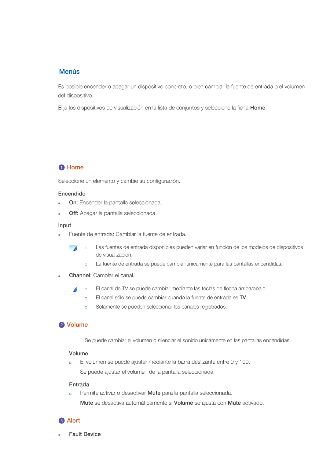 Samsung LH70CSBPLBC/EN, LH82CSBPLBC/EN manual Menús, Home, Volume, Alert 