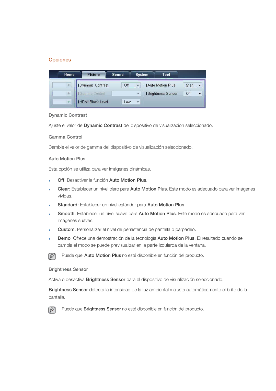 Samsung LH70CSBPLBC/EN, LH82CSBPLBC/EN manual Opciones, Dynamic Contrast, Auto Motion Plus, Brightness Sensor 