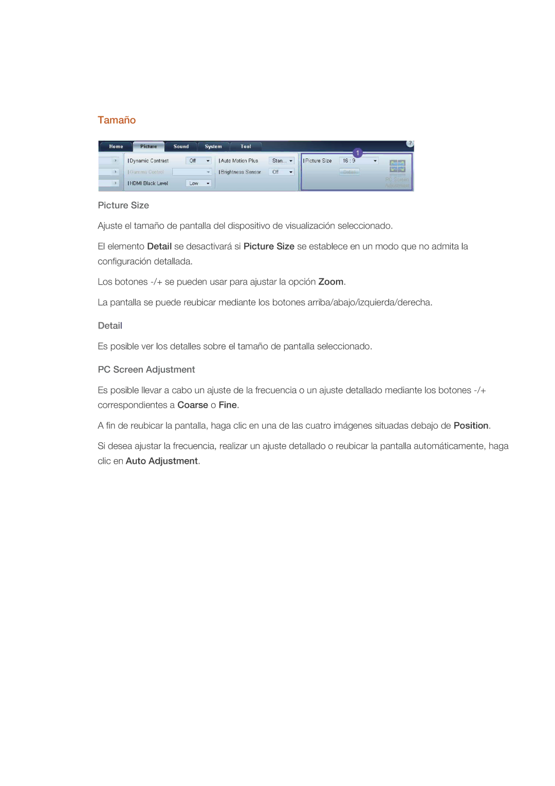 Samsung LH82CSBPLBC/EN, LH70CSBPLBC/EN manual Tamaño, Picture Size, Detail, PC Screen Adjustment 