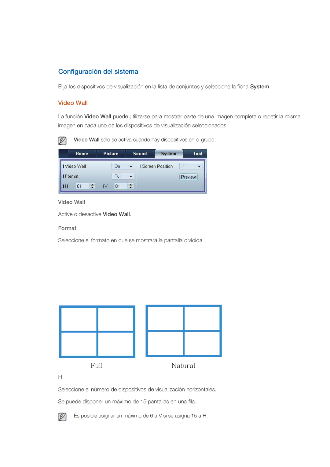 Samsung LH82CSBPLBC/EN, LH70CSBPLBC/EN manual Configuración del sistema, Video Wall, Format 