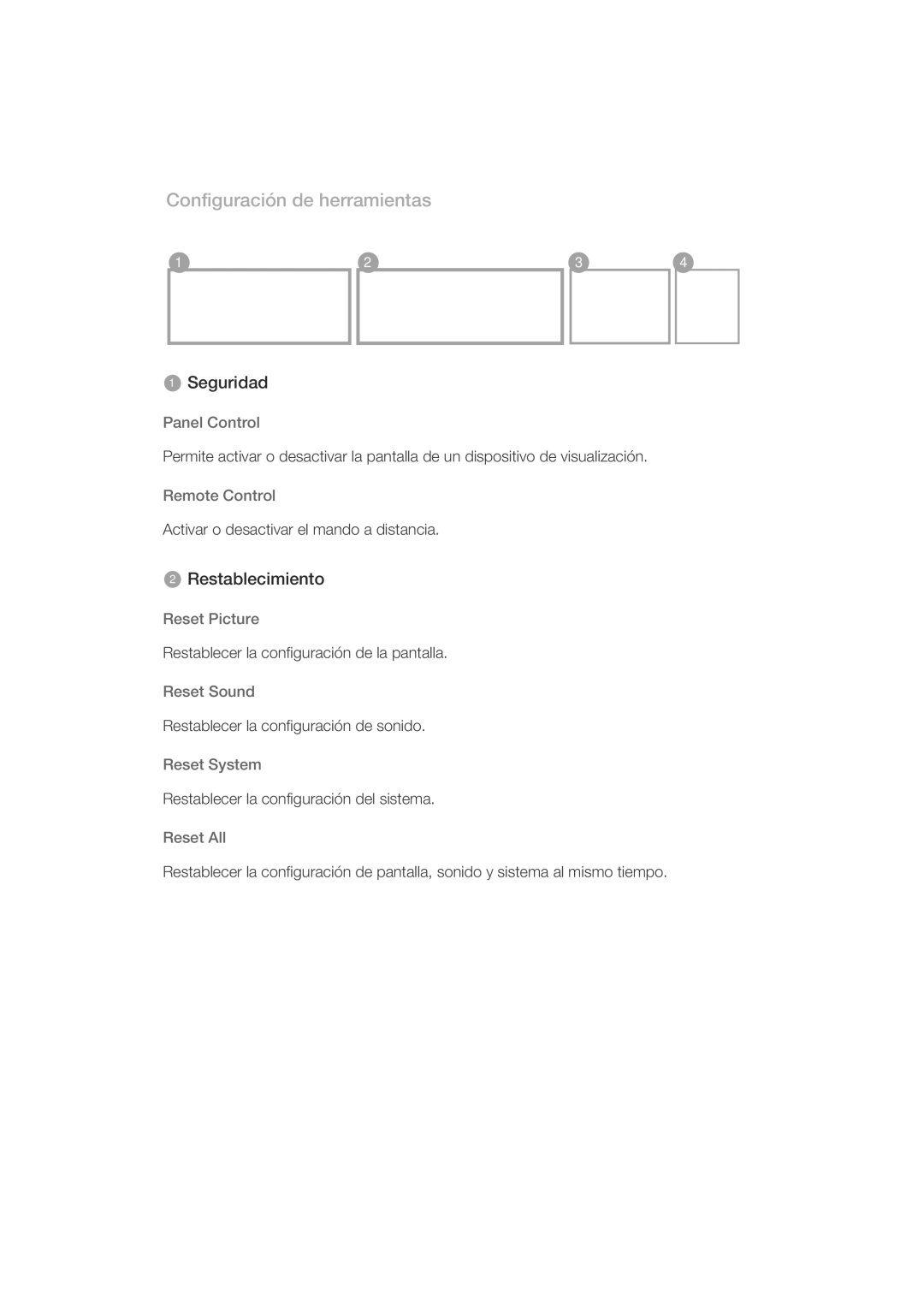 Samsung LH82CSBPLBC/EN, LH70CSBPLBC/EN manual Configuración de herramientas, Restablecimiento 