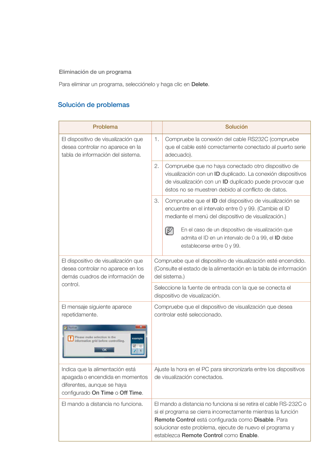 Samsung LH82CSBPLBC/EN, LH70CSBPLBC/EN manual Solución de problemas, Eliminación de un programa 