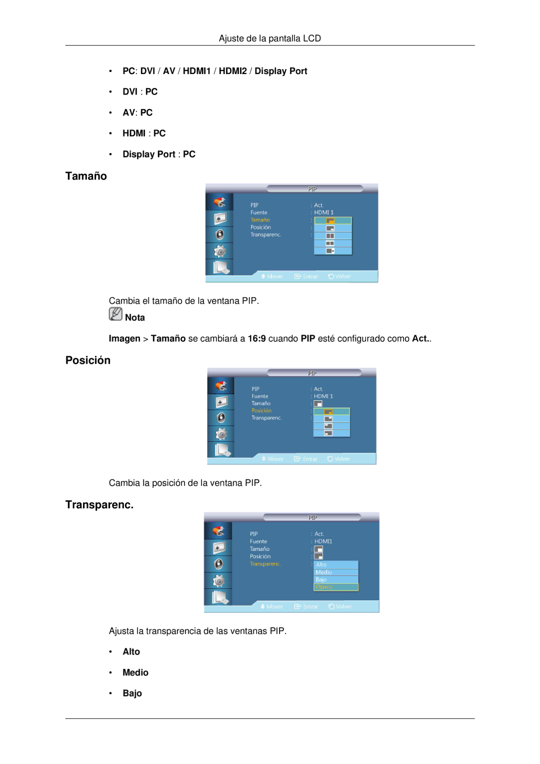 Samsung LH82CSBPLBC/EN, LH70CSBPLBC/EN manual Tamaño, Posición, Transparenc 