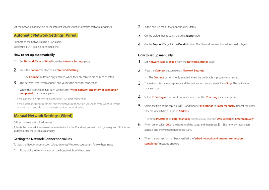 Samsung LH82DMDPLBC/NG, LH82DMDPLBC/EN, LH82DMDPLBC/CH manual Automatic Network Settings Wired, Manual Network Settings Wired 