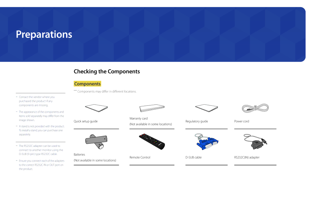 Samsung LH82DMDPLBC/NG, LH82DMDPLBC/EN manual Preparations, Checking the Components, Warranty card, Regulatory guide 