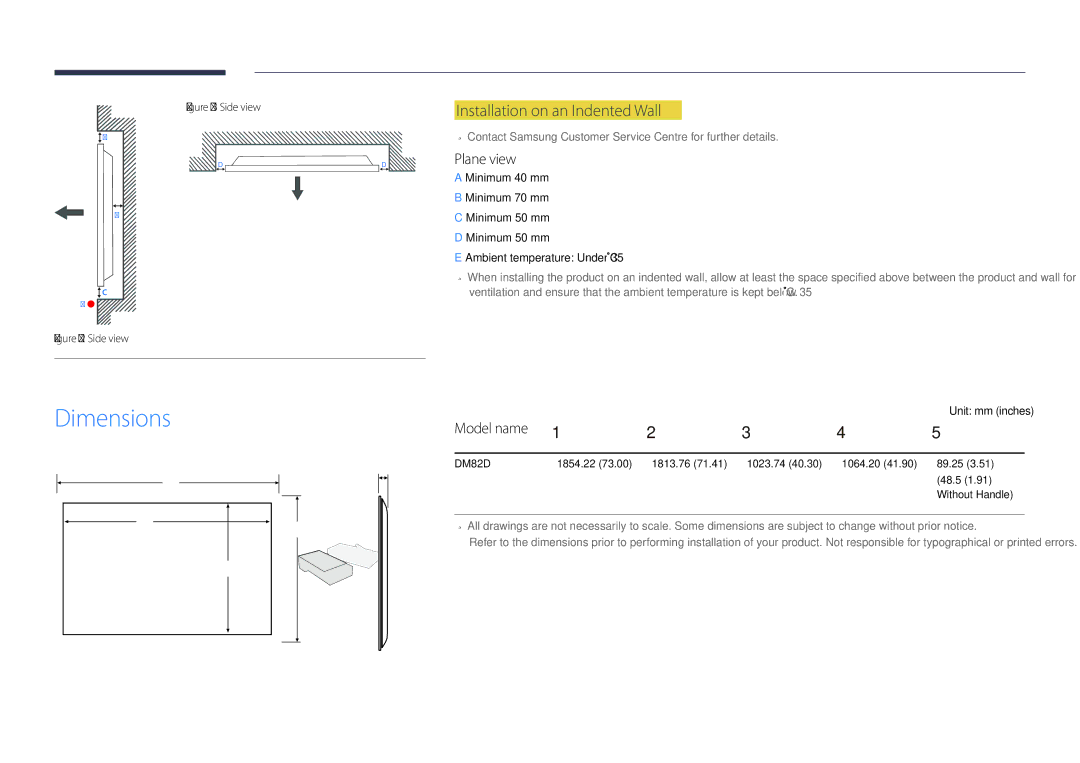 Samsung LH82DMDPLBC/CH manual Dimensions, Installation on an Indented Wall, Plane view, Model name, Unit mm inches 