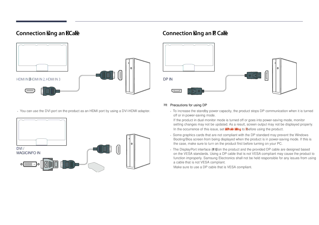 Samsung LH82DMDPLBC/CH, LH82DMDPLBC/EN, LH82DMDPLBC/NG manual Connection Using an Hdmi Cable, Precautions for using DP 