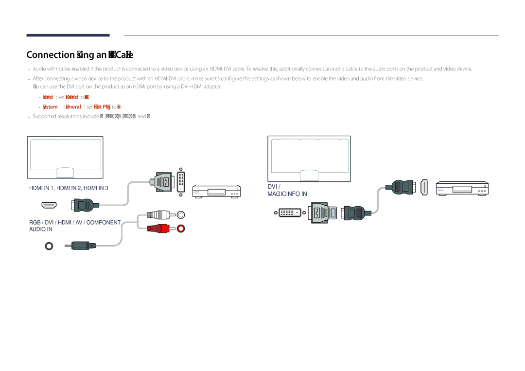 Samsung LH82DMDPLBC/NG, LH82DMDPLBC/EN, LH82DMDPLBC/CH manual Connection Using an HDMI-DVI Cable 