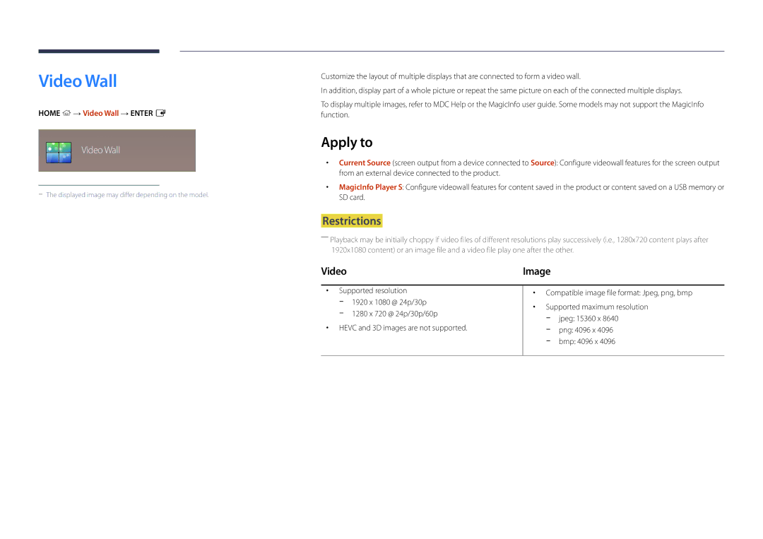 Samsung LH82DMDPLBC/CH, LH82DMDPLBC/EN, LH82DMDPLBC/NG manual Apply to, Home → Video Wall → Enter E 