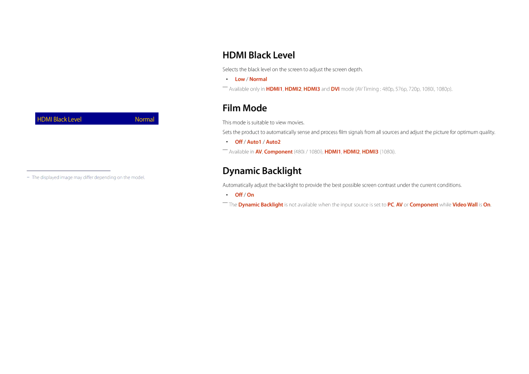 Samsung LH82DMDPLBC/NG, LH82DMDPLBC/EN, LH82DMDPLBC/CH manual Hdmi Black Level, Film Mode, Dynamic Backlight 
