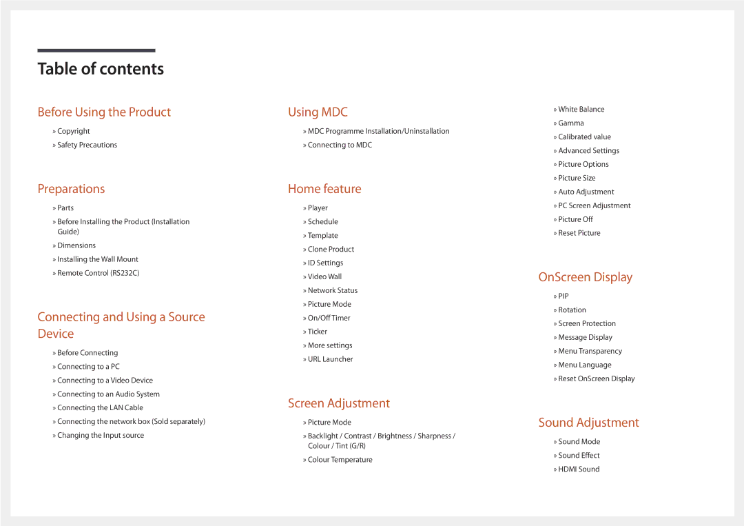 Samsung LH82DMDPLBC/XV, LH82DMDPLBC/EN, LH82DMDPLBC/NG, LH82DMDPLBC/XY, LH82DMDPLBC/CH manual Table of contents 