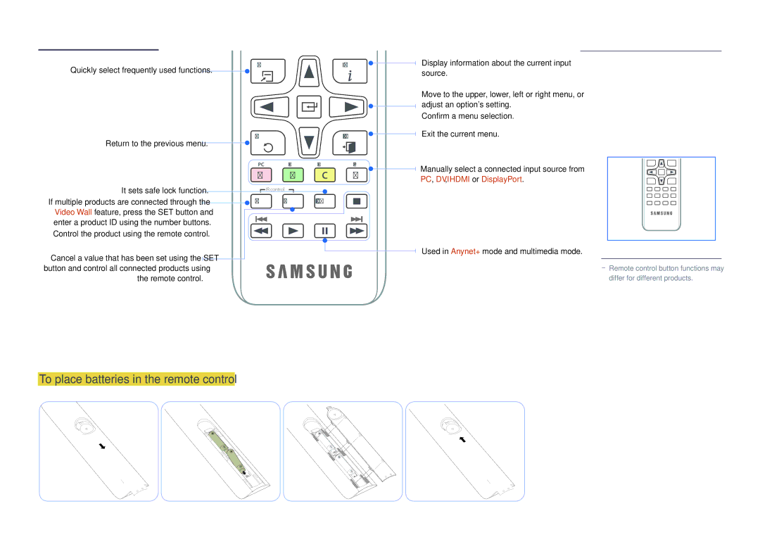 Samsung LH82DMDPLBC/EN To place batteries in the remote control, Quickly select frequently used functions, Remote control 