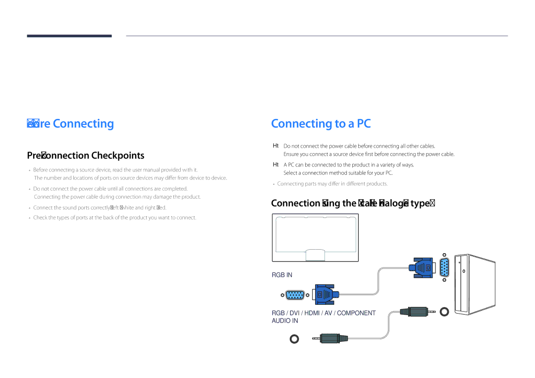 Samsung LH82DMDPLBC/CH, LH82DMDPLBC/EN manual Connecting and Using a Source Device, Before Connecting, Connecting to a PC 