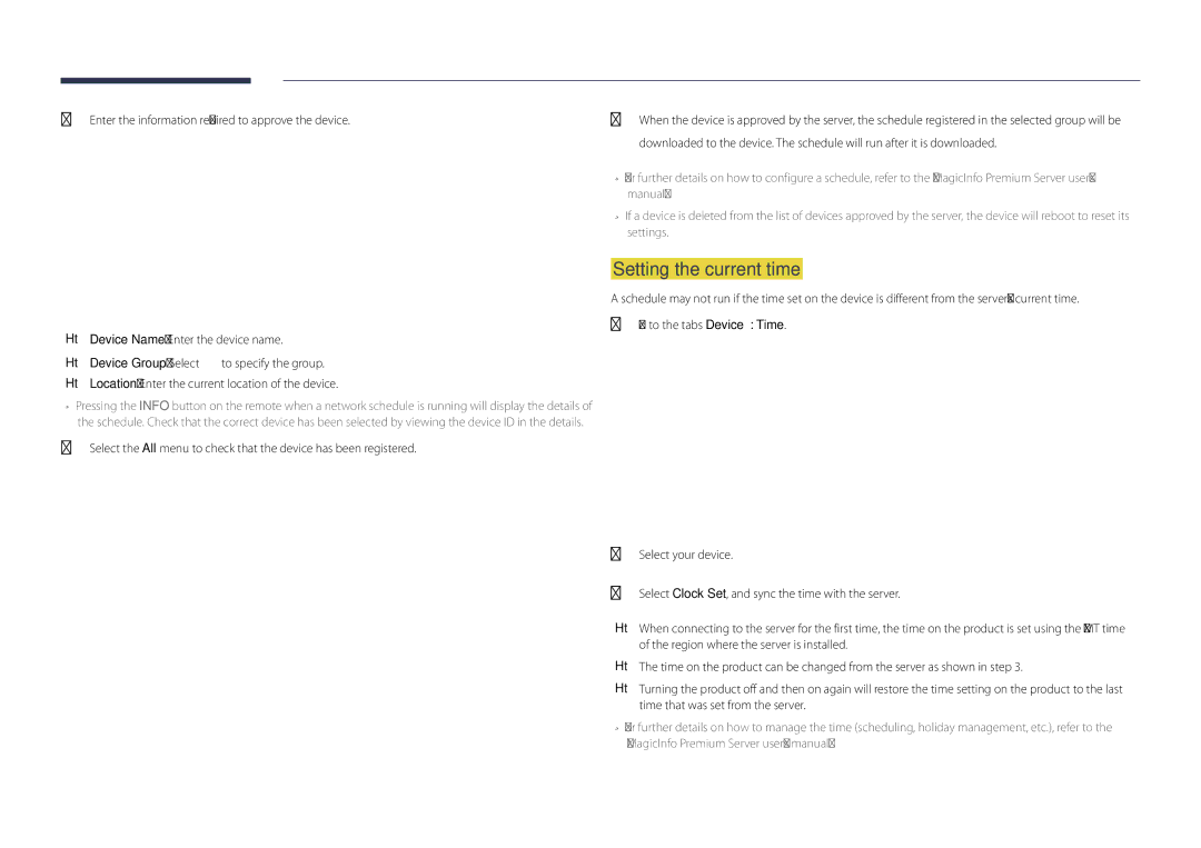 Samsung LH82DMDPLBC/XV, LH82DMDPLBC/EN, LH82DMDPLBC/NG, LH82DMDPLBC/XY, LH82DMDPLBC/CH manual Setting the current time 