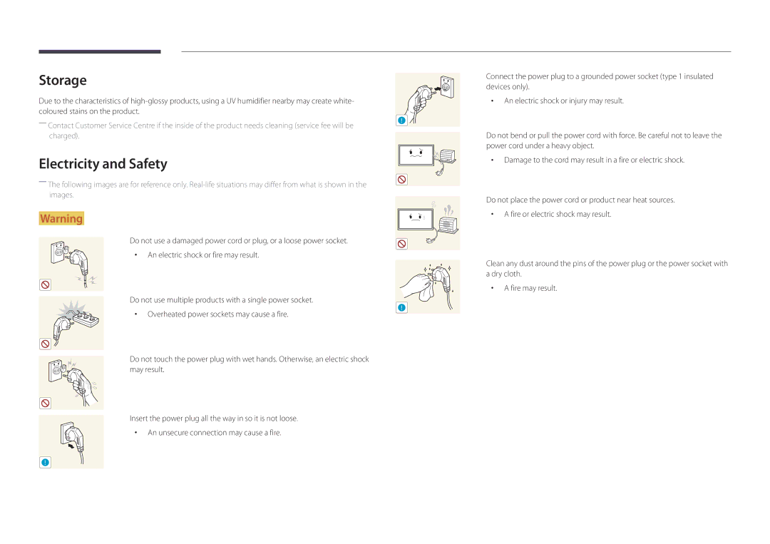 Samsung LH82DMDPLBC/NG, LH82DMDPLBC/EN, LH82DMDPLBC/XV, LH82DMDPLBC/XY, LH82DMDPLBC/CH manual Storage, Electricity and Safety 