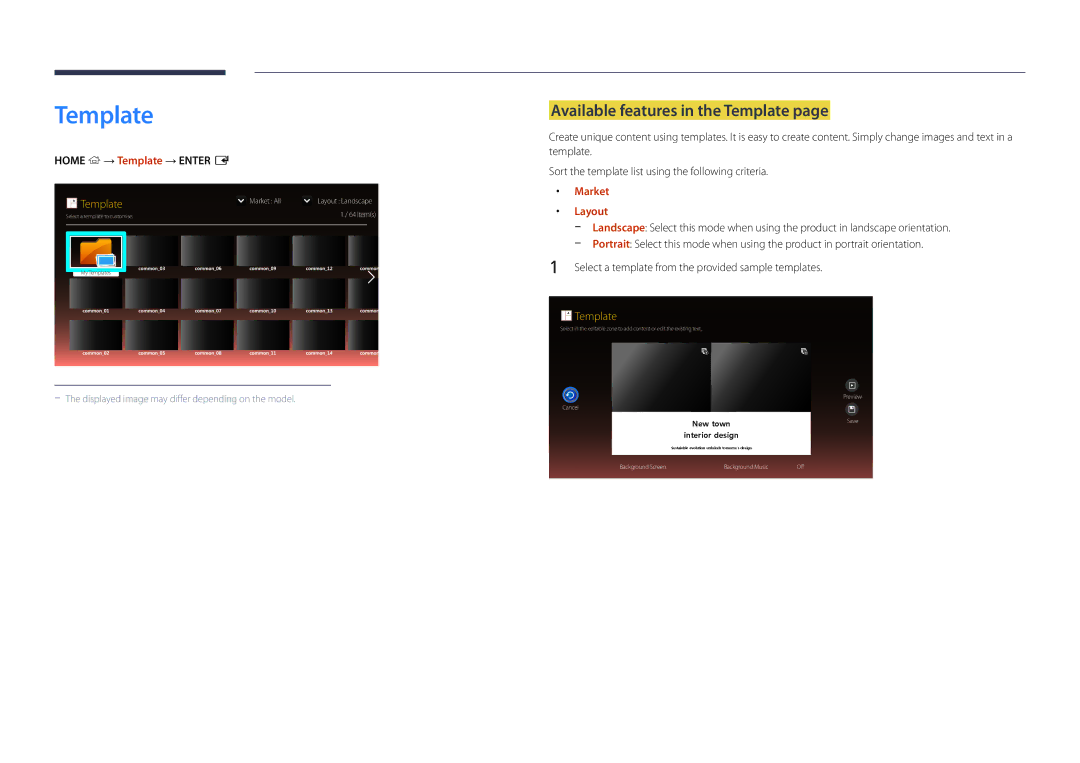 Samsung LH82DMDPLBC/XV, LH82DMDPLBC/EN Available features in the Template, Home → Template → Enter E, Market, Layout 