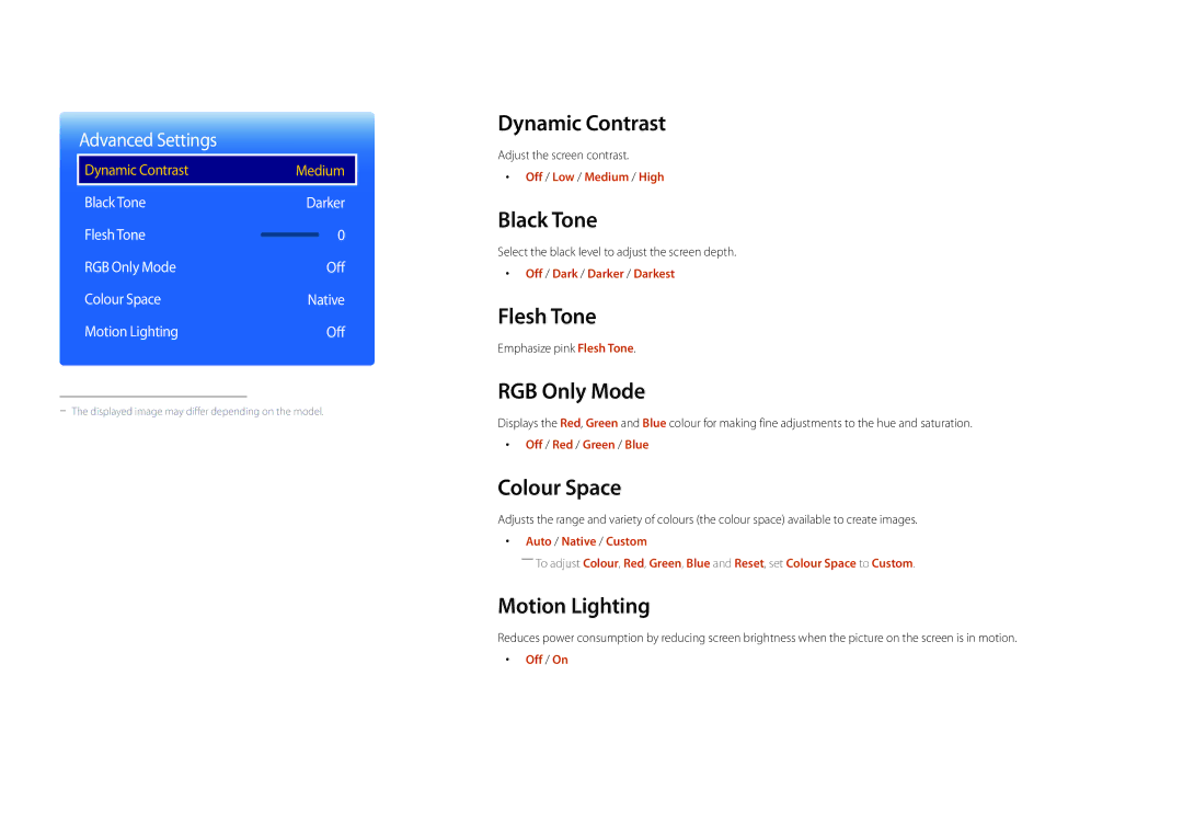 Samsung LH82DMDPLBC/NG manual Dynamic Contrast, Black Tone, Flesh Tone, RGB Only Mode, Colour Space, Motion Lighting 