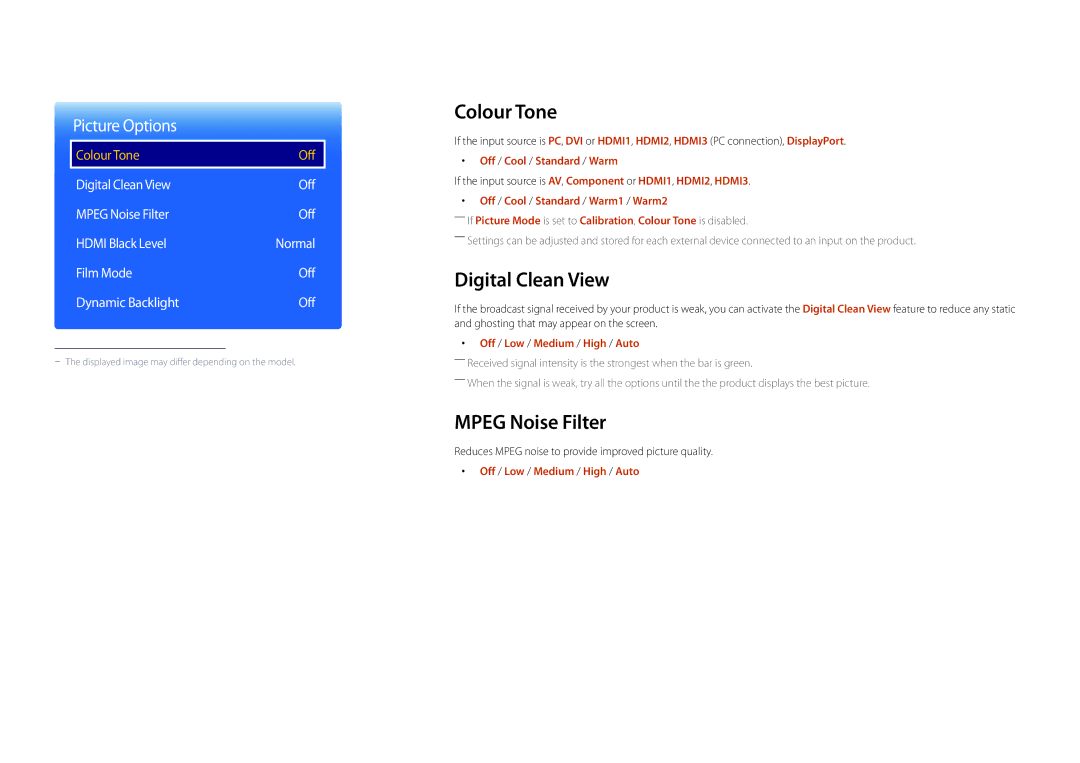 Samsung LH82DMDPLBC/XY, LH82DMDPLBC/EN Colour Tone, Digital Clean View, Mpeg Noise Filter, Off / Cool / Standard / Warm 