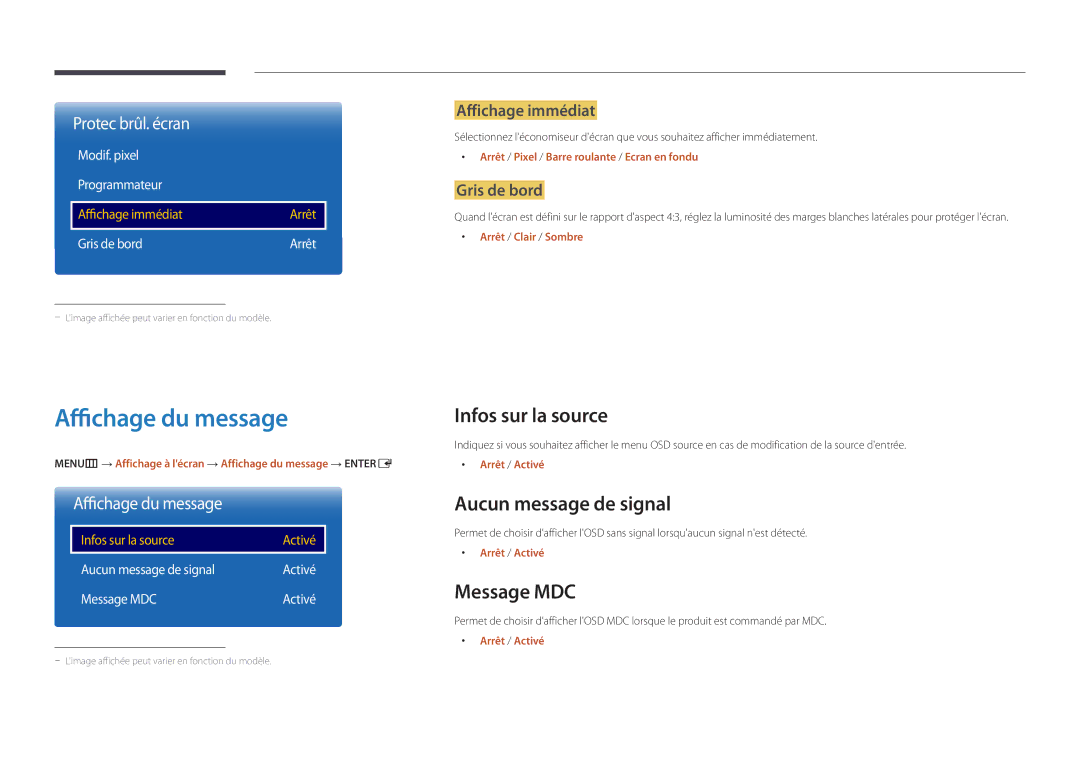 Samsung LH82DMDPLBC/EN manual Affichage du message, Infos sur la source, Aucun message de signal, Message MDC 