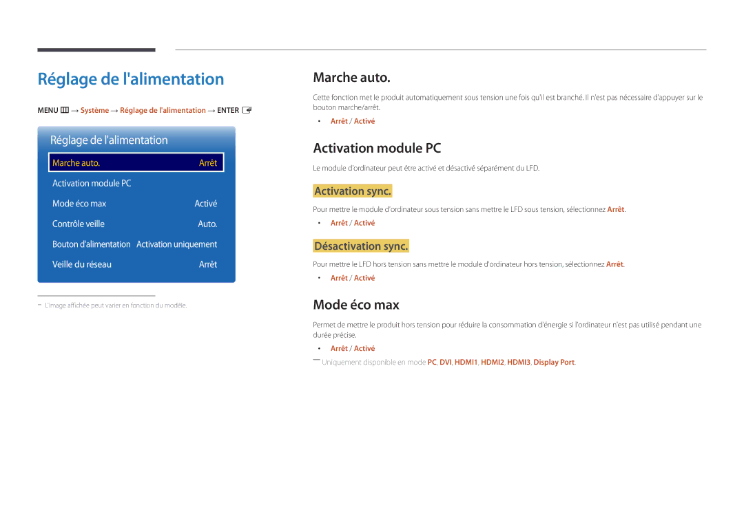 Samsung LH82DMDPLBC/EN manual Réglage de lalimentation, Marche auto, Activation module PC, Mode éco max 