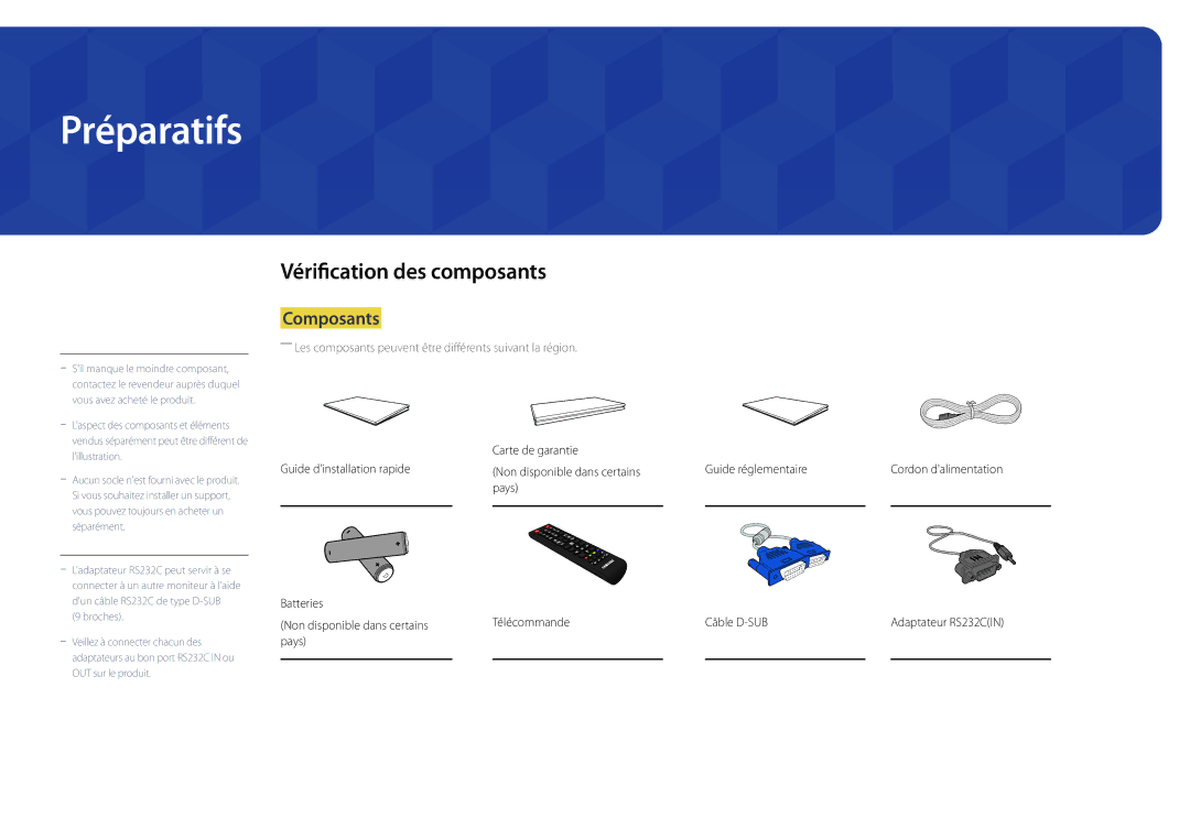 Samsung LH82DMDPLBC/EN manual Préparatifs, Vérification des composants, Composants, Pays 