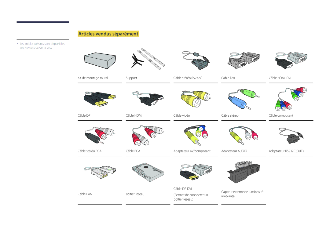 Samsung LH82DMDPLBC/EN manual Articles vendus séparément, Câble LAN Boîtier réseau Permet de connecter un Ambiante 