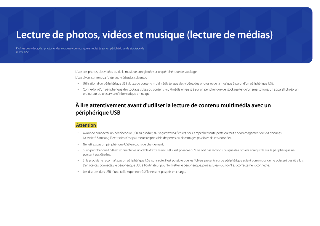 Samsung LH82DMDPLBC/EN manual Lecture de photos, vidéos et musique lecture de médias 