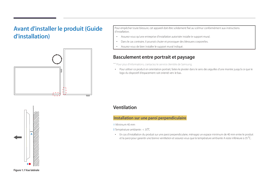 Samsung LH82DMDPLBC/EN Avant dinstaller le produit Guide dinstallation, Basculement entre portrait et paysage, Ventilation 