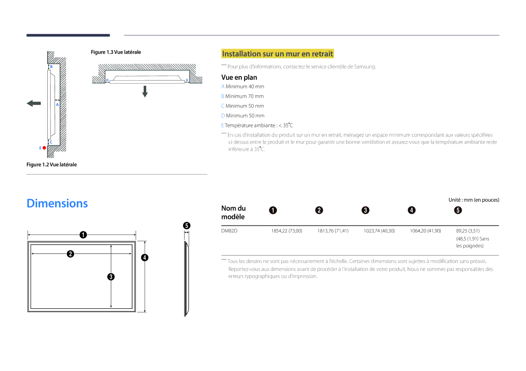 Samsung LH82DMDPLBC/EN manual Dimensions, Installation sur un mur en retrait, Vue en plan, Nom du Modèle 