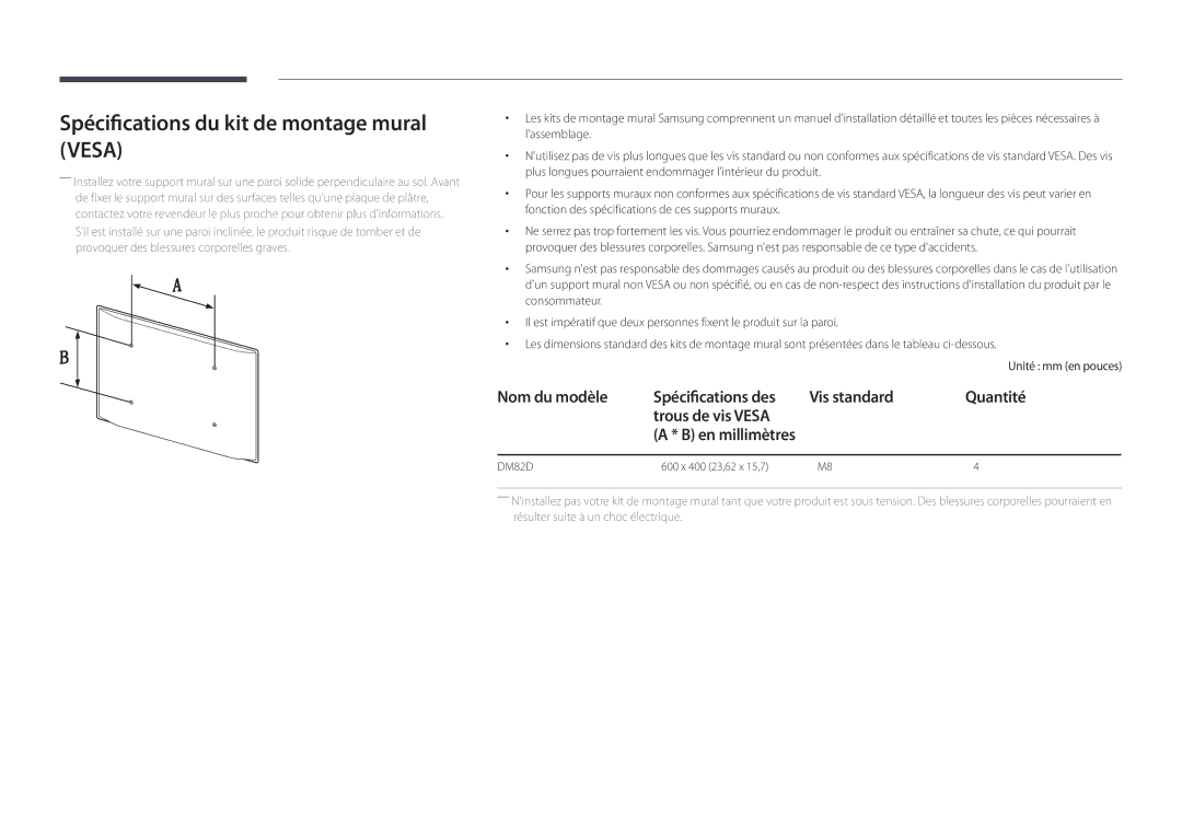 Samsung LH82DMDPLBC/EN manual Spécifications du kit de montage mural Vesa, En millimètres 