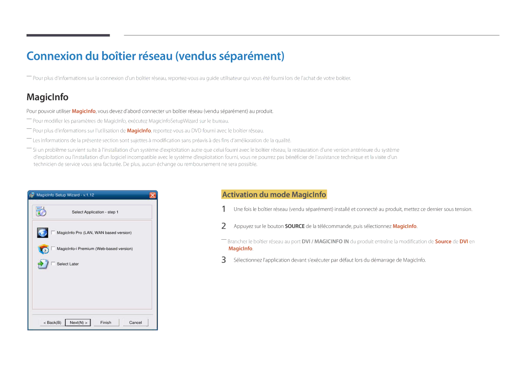 Samsung LH82DMDPLBC/EN manual Connexion du boîtier réseau vendus séparément, Activation du mode MagicInfo 