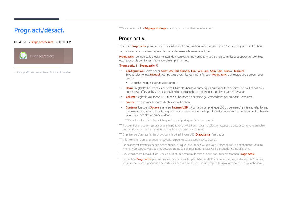 Samsung LH82DMDPLBC/EN manual Progr. activ, Home → Progr. act./désact. → Enter E 