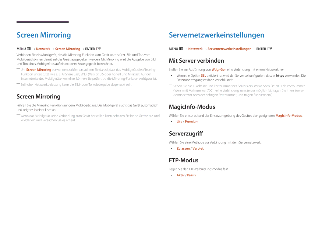 Samsung LH82DMDPLBC/EN manual Screen Mirroring, Servernetzwerkeinstellungen 