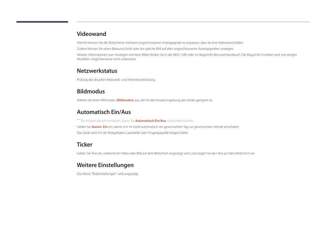 Samsung LH82DMDPLBC/EN manual Netzwerkstatus, Bildmodus, Automatisch Ein/Aus, Ticker, Weitere Einstellungen 